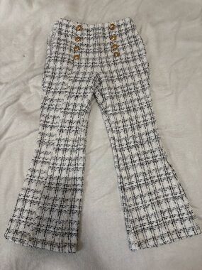 SHEIN White & Black Plaid Tweed Flare Pants with Gold Buttons
